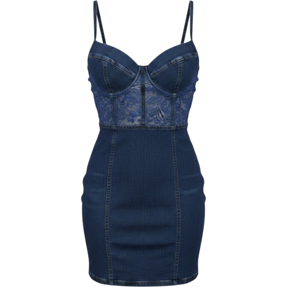 Haute Monde Navy Blue Denim Lace Bustier Mini Dress